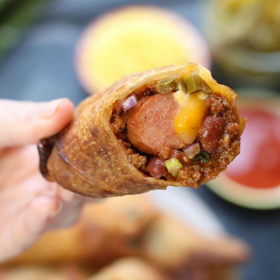 Chili Cheese Dog Egg Roll Appetizer For Game Day or Tailgate Recipe