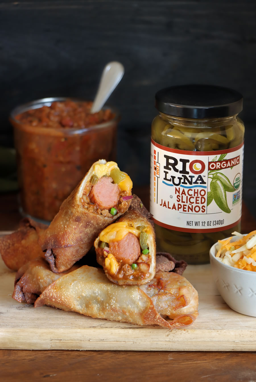 Game Day Tailgate Appetizer Chili Cheese Dog Egg Rolls With Rio Luna Organic Nacho Sliced Jalapenos and prepared chili