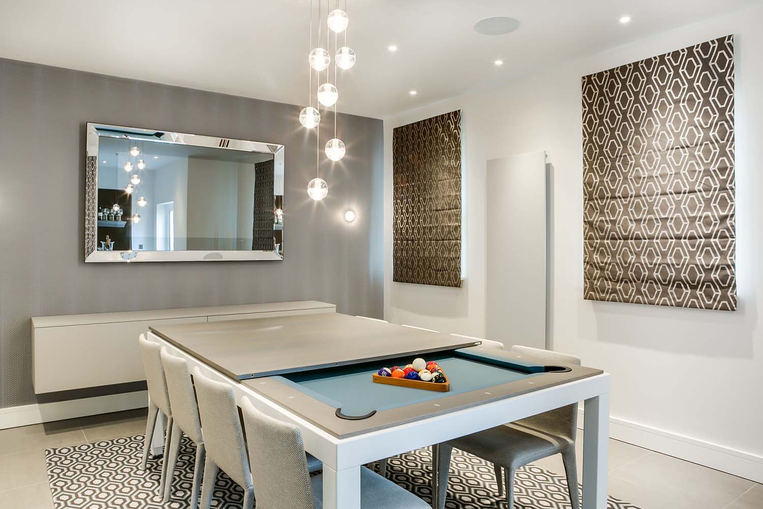 Fusiontables dining table as an example: grey oak timbers, sleek grey legs, and a soft grey cloth to complete the look