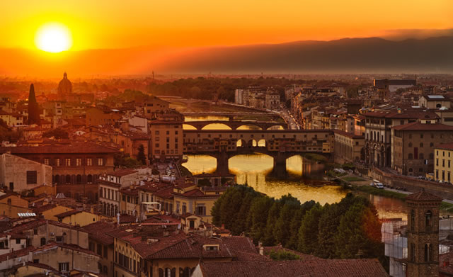 Florence, Arno River and Ponte Vecchio Italy at sunset