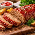 Sliced homemade meatloaf with glossy tomato glaze on a wooden cutting board, served with roasted potato wedges and fresh parsley, photographed in warm natural light.