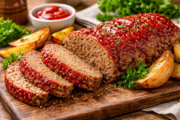 Sliced homemade meatloaf with glossy tomato glaze on a wooden cutting board, served with roasted potato wedges and fresh parsley, photographed in warm natural light.