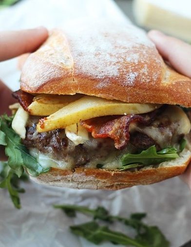 Bison Burgers with Brie, Bacon and Caramelized Pears