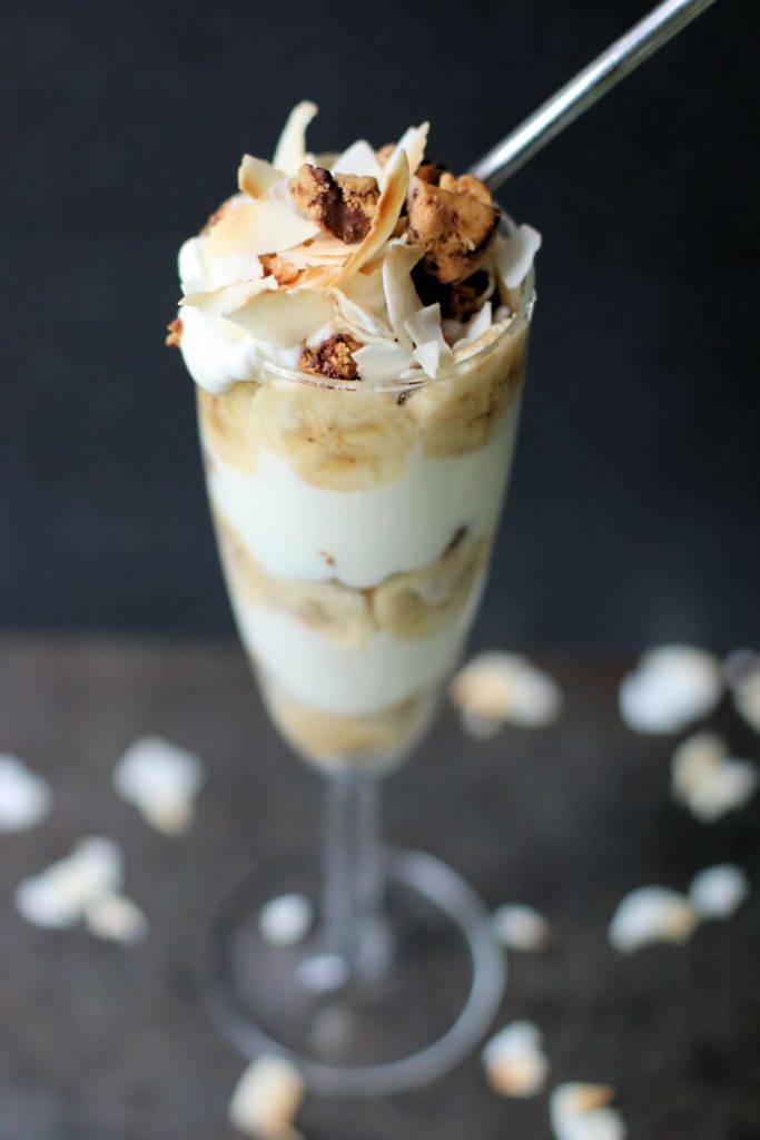 "Cookie Dough," Toasted Coconut & Banana Quest Bar Parfait recipe