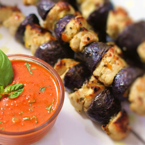 Easy Basil Chicken & Potato Kabab Recipe With a Roasted Red Pepper Basil Sauce