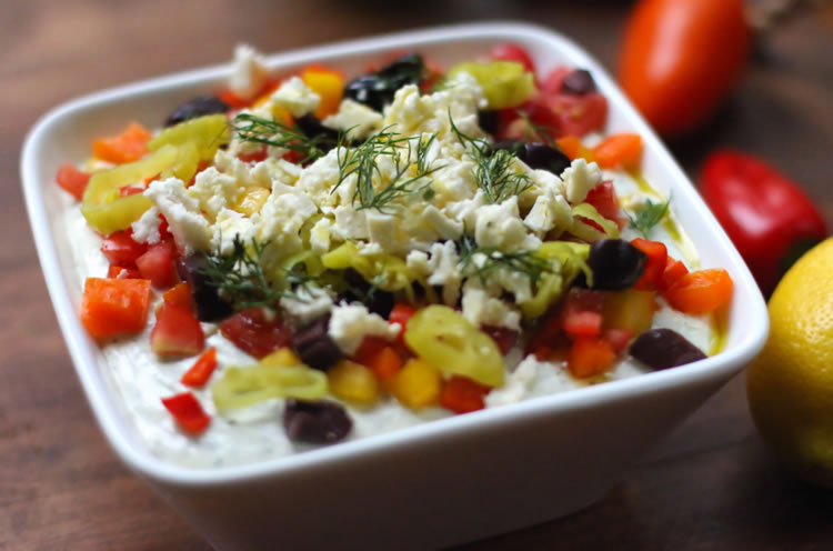 Garlicy Greek Salad Feta Dip Recipe | www.onbetterliving.com