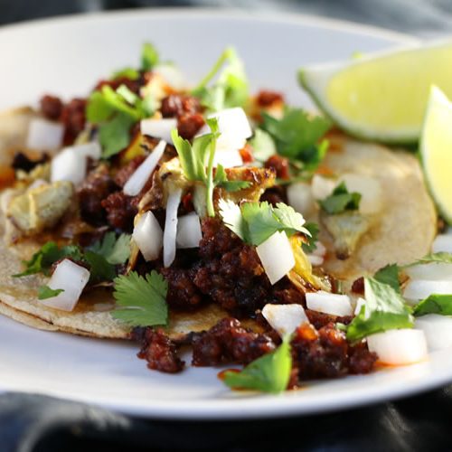 Chorizo And Artichoke Tacos With a Creamy Avocado-Serrano Salsa