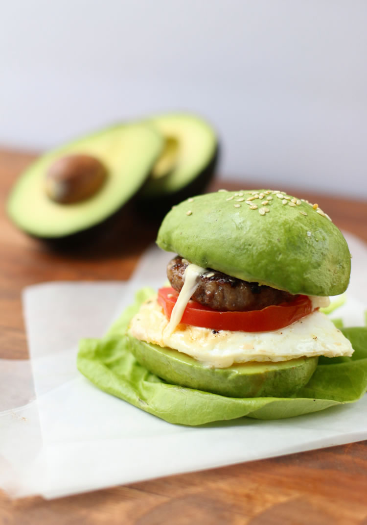 Avocado Bun Breakfast Sandwich With Sausage, Egg and Cheese