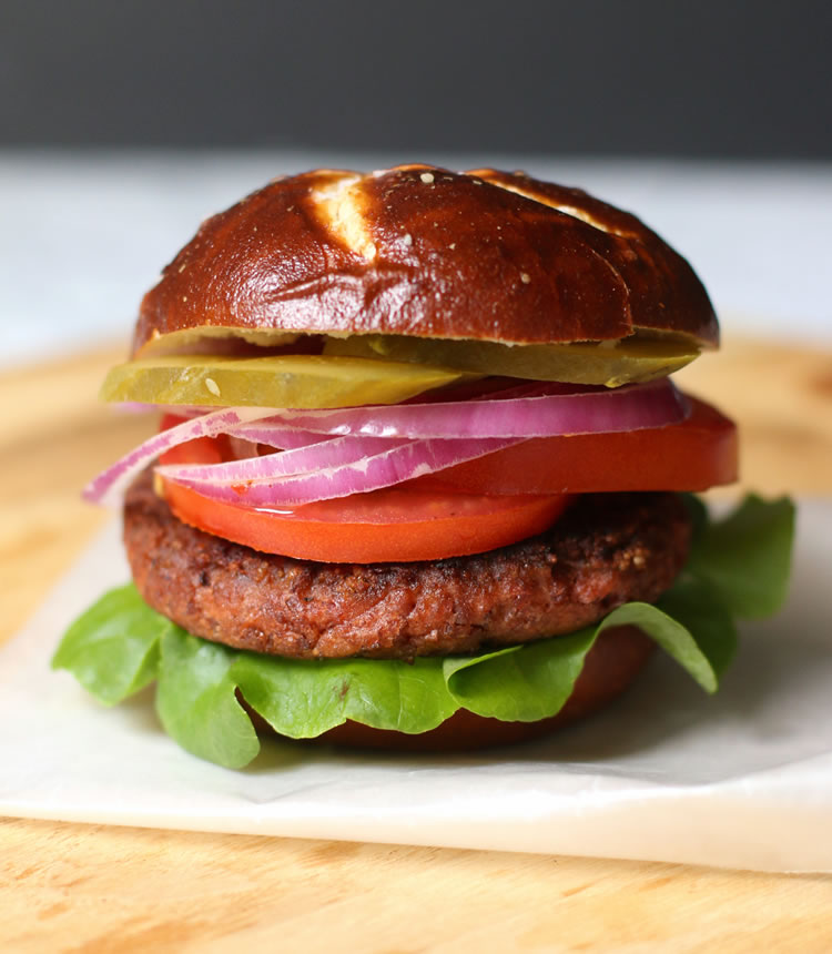 Plant Based Beyond Meat Burger on a Pretzilla Bun