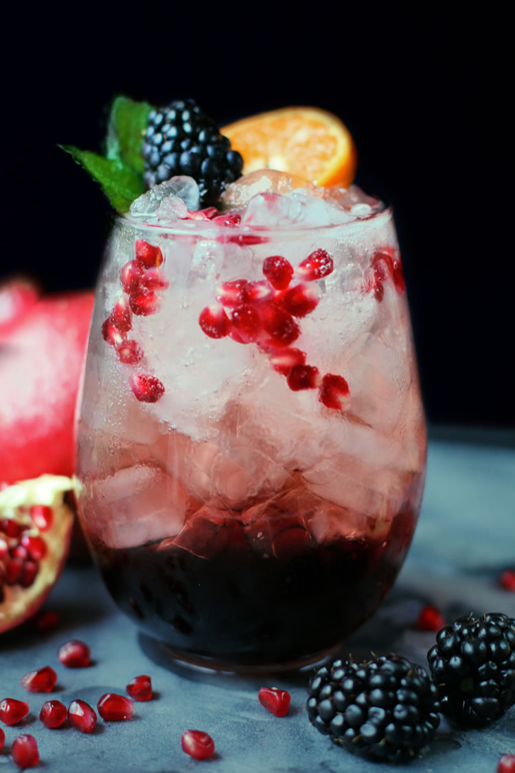 Sparkling Elderberry Pomegranate Virgin Cocktail made with Elderberry Apple Cider Vinegar Tonic 