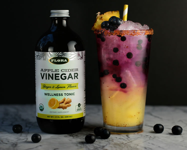 Sparkling Pineapple Blueberry Refresher recipe with Flora Apple Cider Vinegar Ginger + Lemon Wellness Shot