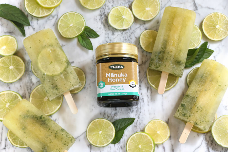 Lime, Mint And Manuka Honey Popsicles Made with genuine UMF graded Manuka Honey from Flora Health
