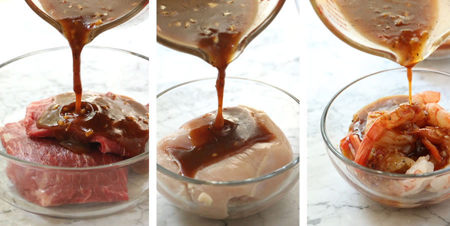 Vietnamese style marinade being poured over steak chicken and beef 