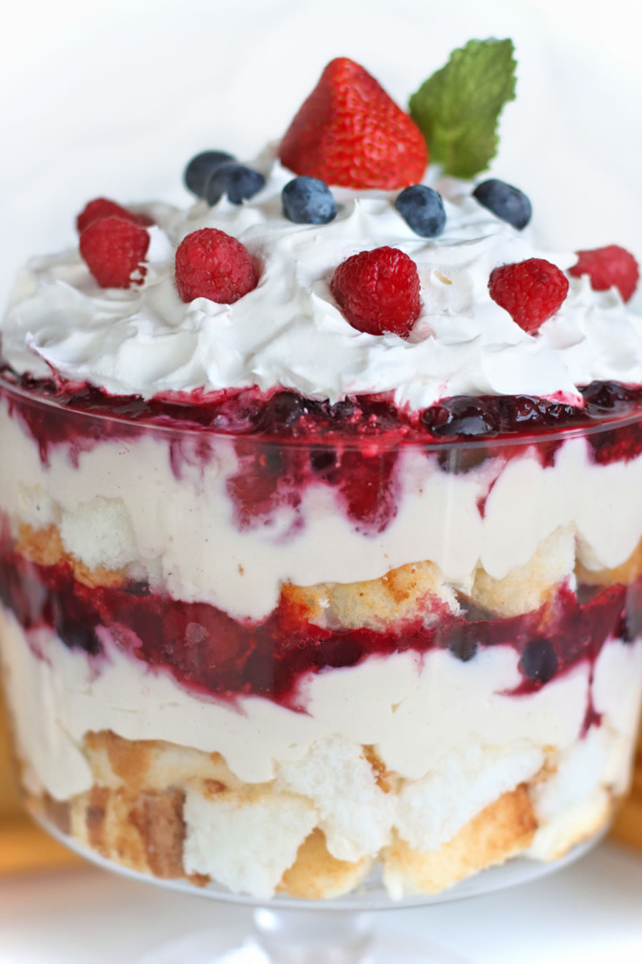 winter holiday mixed berry trifle with frozen berries and angel food cake