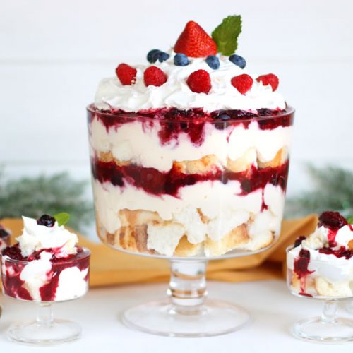Easy Mixed Berry Winter Trifle With Marsala cooking wine Greek yogurt vanilla instant pudding frozen berries mini trifles
