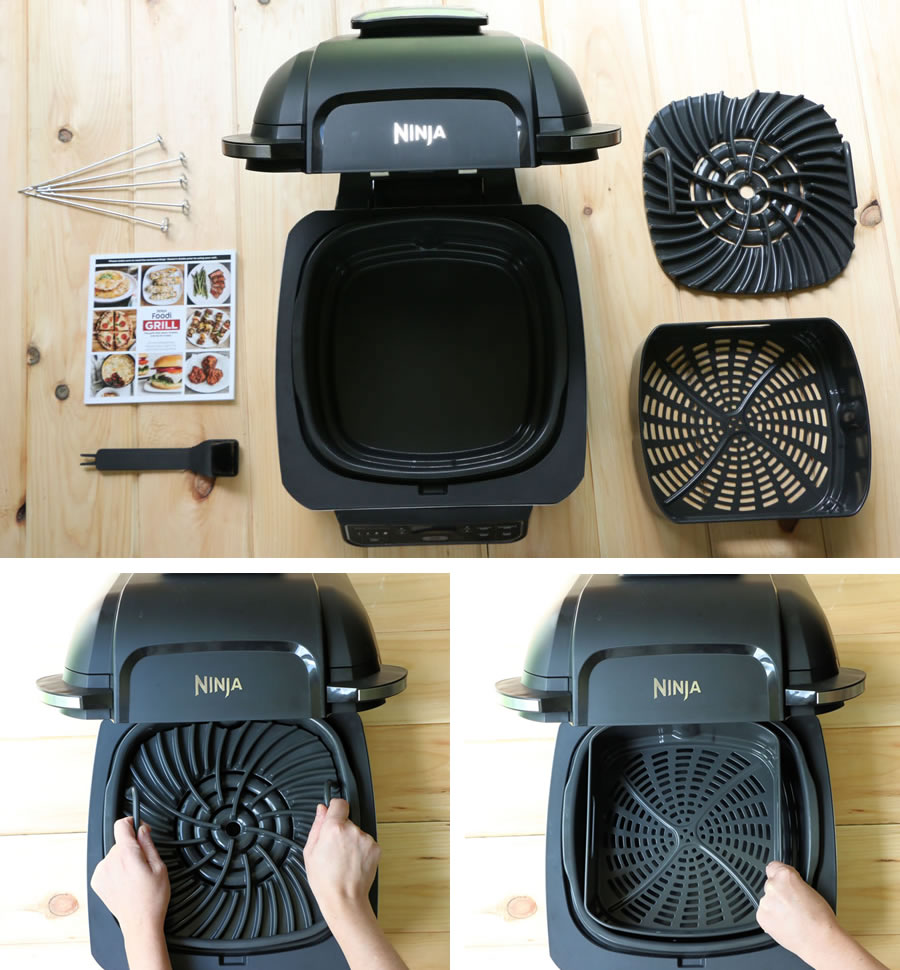 Everything that comes in the box with the Ninja Foodi Grill including grill grate, air fry basket, skewers and recipe book 