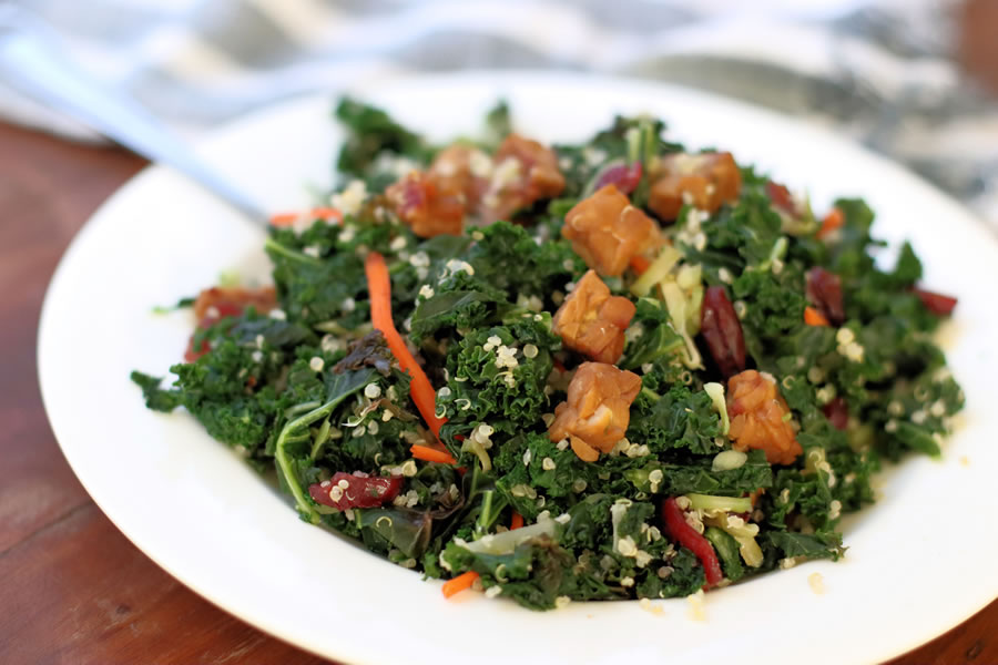 Veestro Kale Salad with tempeh cranberries pecans quinoa carrots tamari dressing