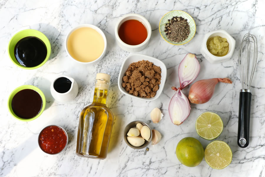 ingredients prepped and laid out for the Vietnamese mixed grill marinade on marble