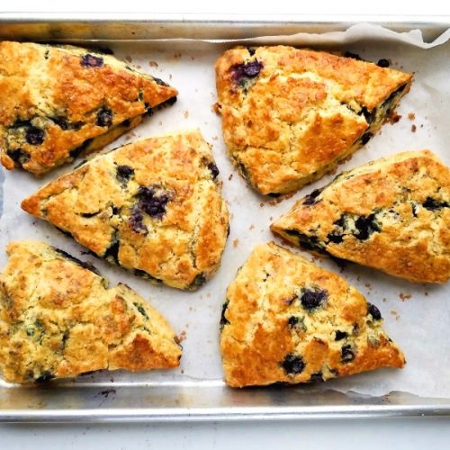 blueberries scones on a parchment line tray