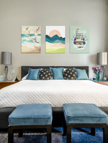 Spring Inspired prints over a bed from Displate