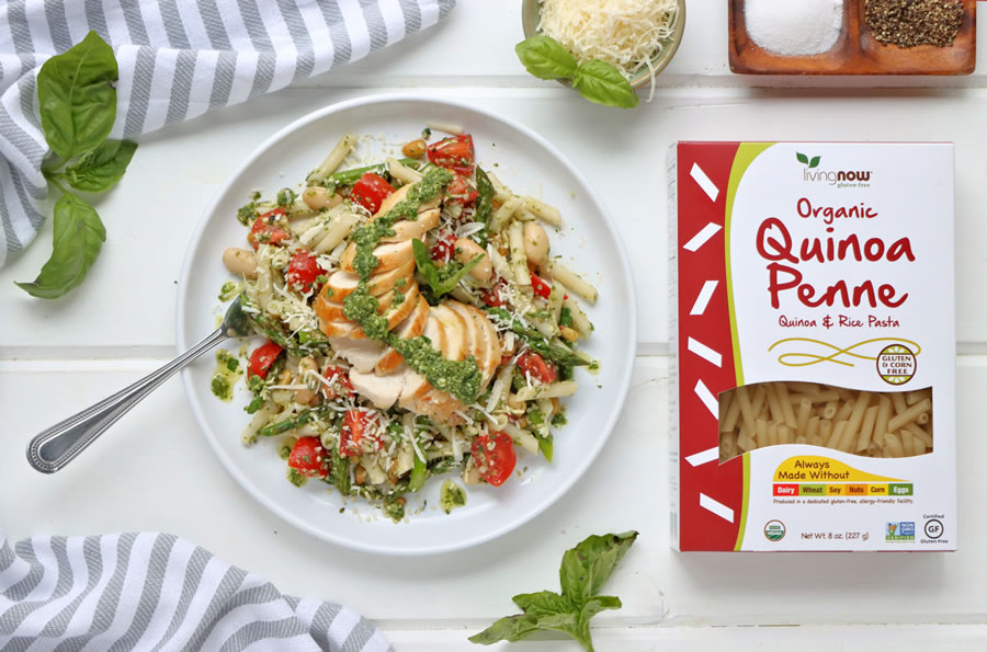 Healthy Gluten-Free Chicken Basil Pesto Pasta Recipe With Now Foods Organic Quinoa Penne Pasta