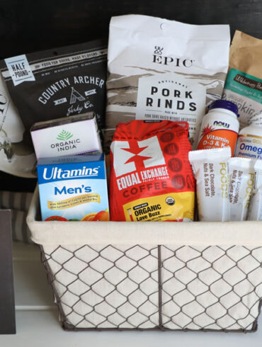 A Father's Day Gift Basket with snacks, coffee and health foods