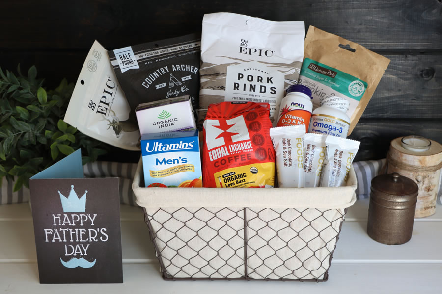 A Father's Day Gift Basket with snacks, coffee and health foods