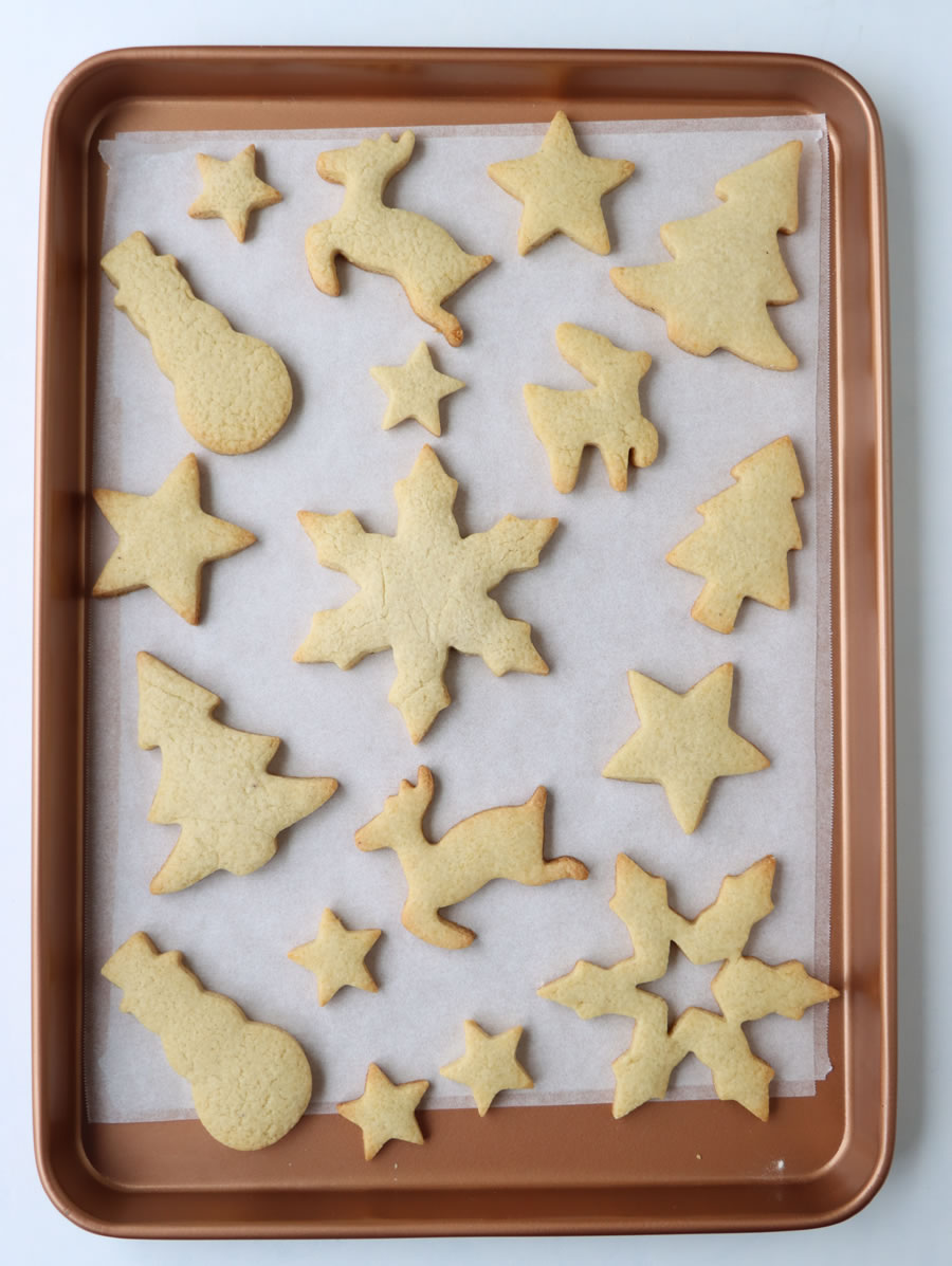 cutout cookies on a baking sheet made with Splenda