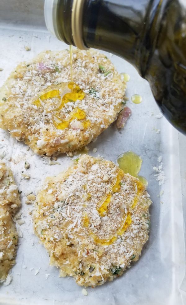 olive oil drizzled on breaded eggplant slices before air frying