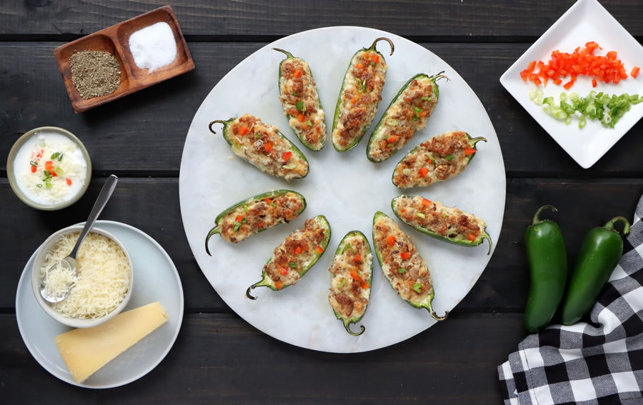 Platter of Cheese and Sausage Stuffed Jalapenos with Asiago and Parmesan| https://onbetterliving.com