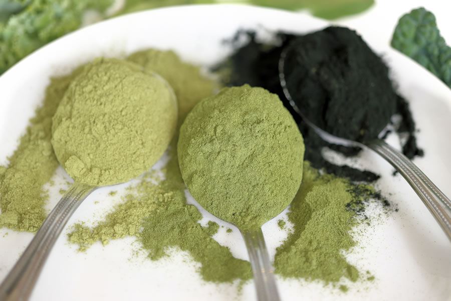 spoons of moringa leaf powder wheat grass powder and spirulina powder