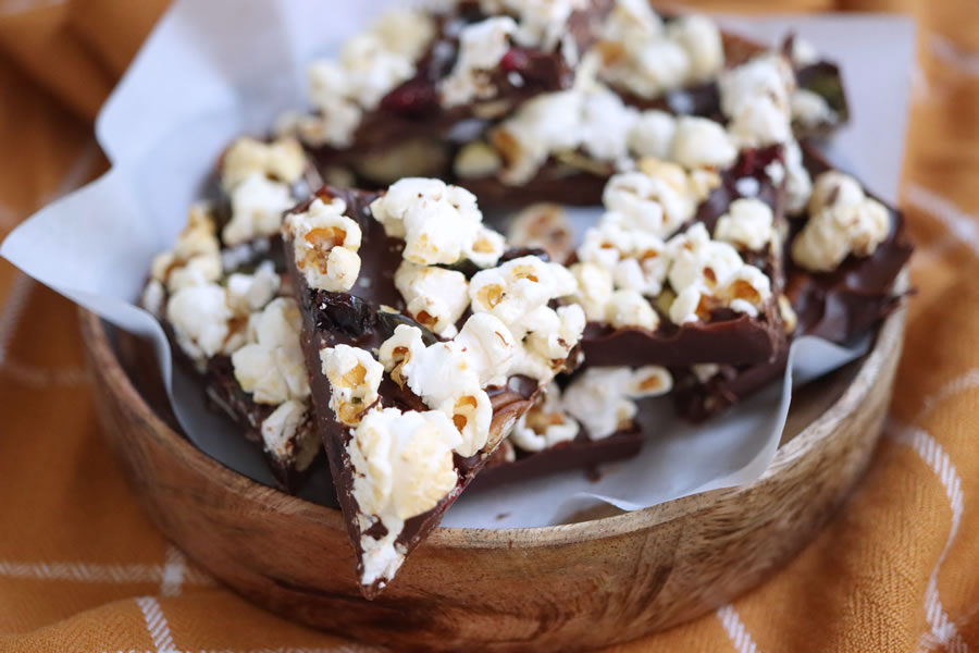 Fall popcorn bark with popcorn, pumpkin seeds, pecans, cranberries, sea salt and maple crystals | Better Living