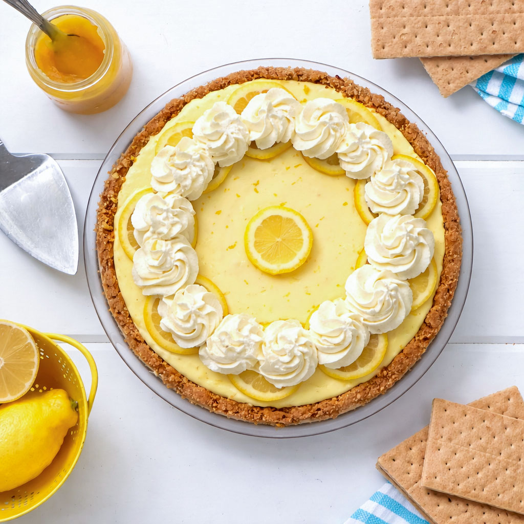 Top-down view of a Greek yogurt lemon cream pie with whipped cream and lemon slices on a white background