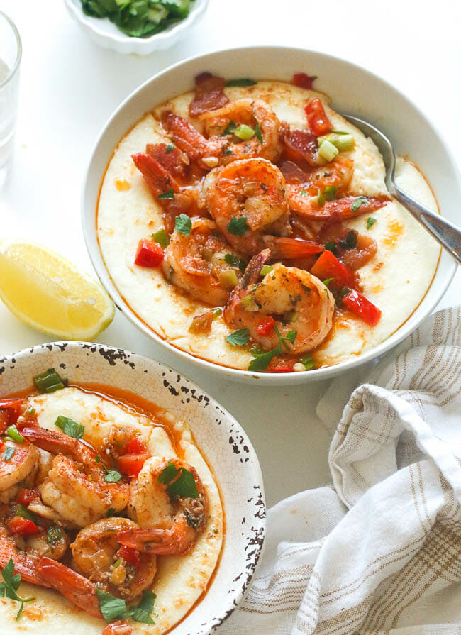 Cajun Shrimp and Grits in a bowl with a spoon