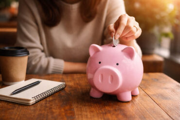 A woman at a table putting a coin into a piggy bank. Theres a notepad, pen, and coffee as if she's budgeting for a financial fast.