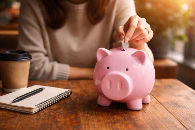A woman at a table putting a coin into a piggy bank. Theres a notepad, pen, and coffee as if she's budgeting for a financial fast.