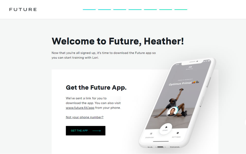 A screenshot of the welcome screen after joining the Future Fitness app