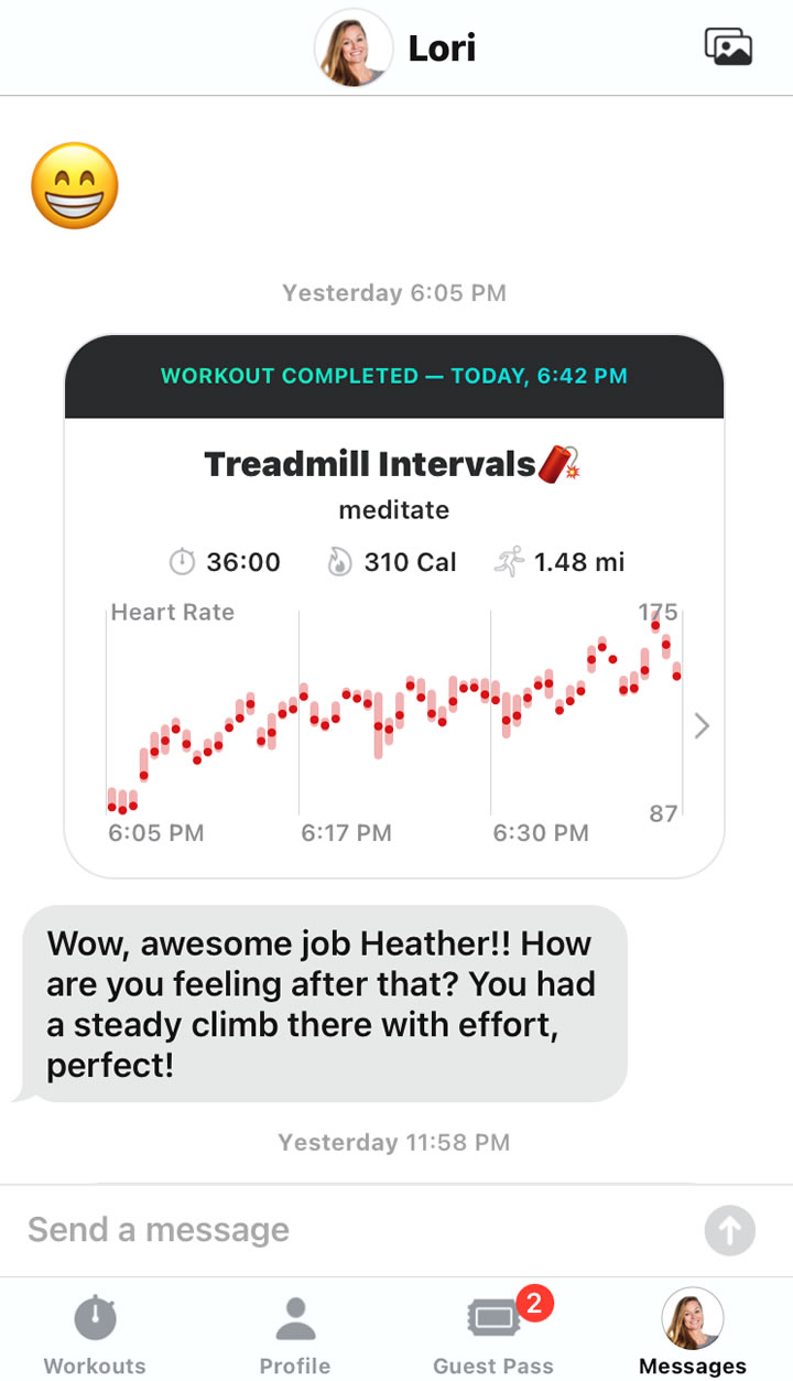 A screenshot of talking with your coach after a completed workout on the Future Fitness app.