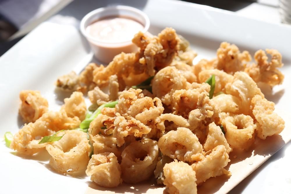 Fried calamari with peppers and sauce at Buttonwood Grill in Peddlers Village