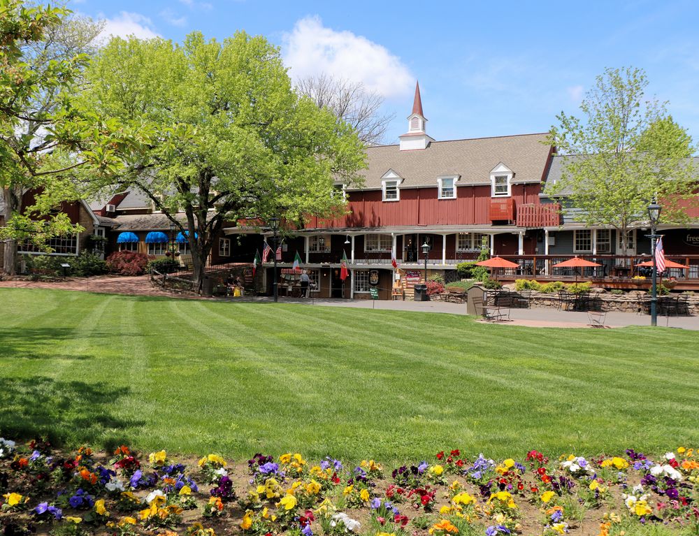 The shops in Peddler's Village during the spring. Flowers in bloom. 