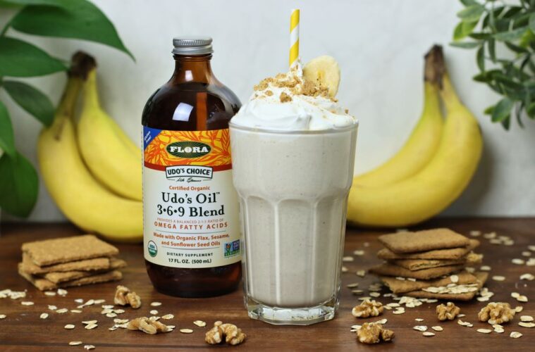 A healthy banana cream protein shake recipe with all ingredients
