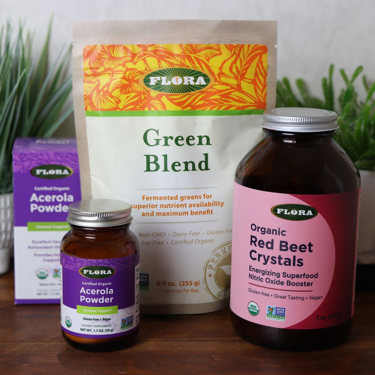 Green blend, red beet crystals, and acerola powder from FloraHealth.com