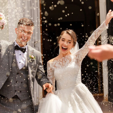a man and woman getting married and celebrating