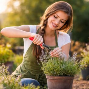 a woman gardening around potted plants in early morning light during allergy season.