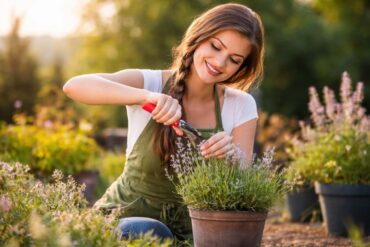 a woman gardening around potted plants in early morning light during allergy season.