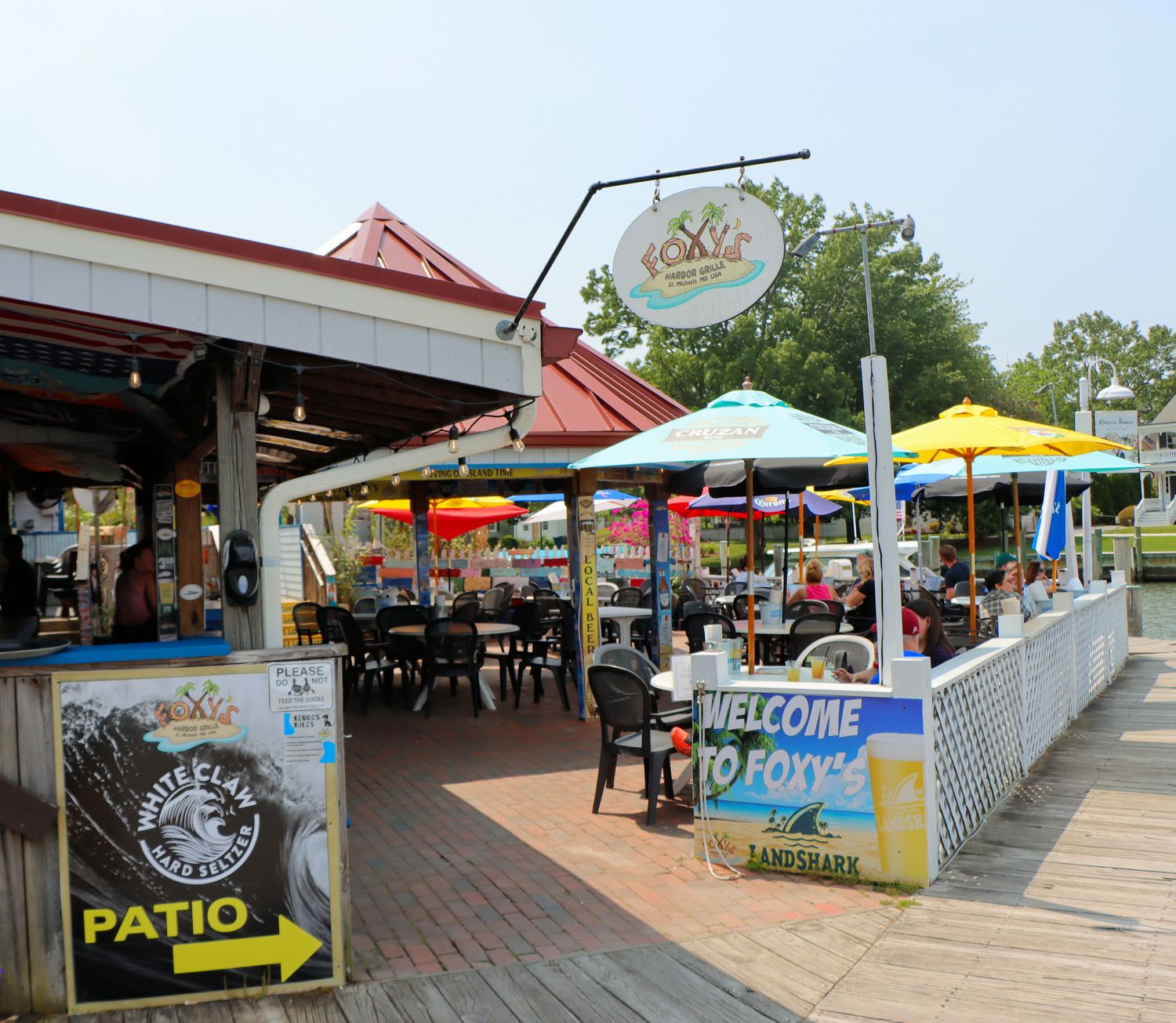 The outdoor patio at Foxy's Harbor Grill in St. Michaels, MD
