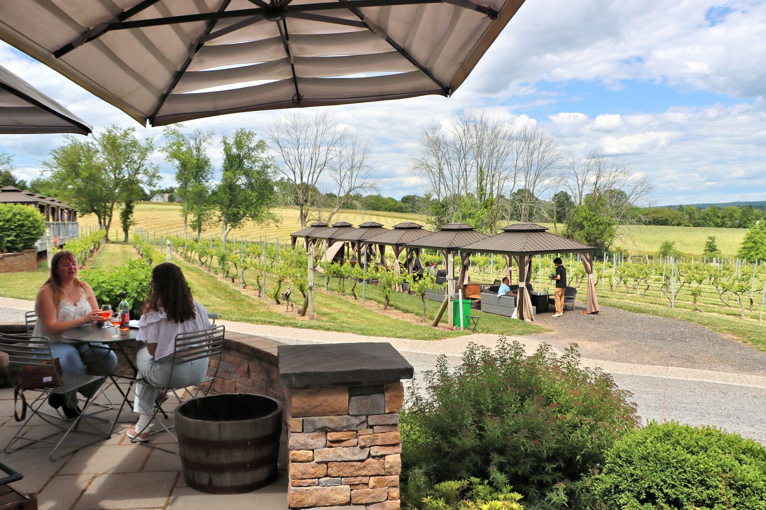 Guests enjoying the outdoor patio and cabanas at Old York Vineyards in Ringoes, NJ
