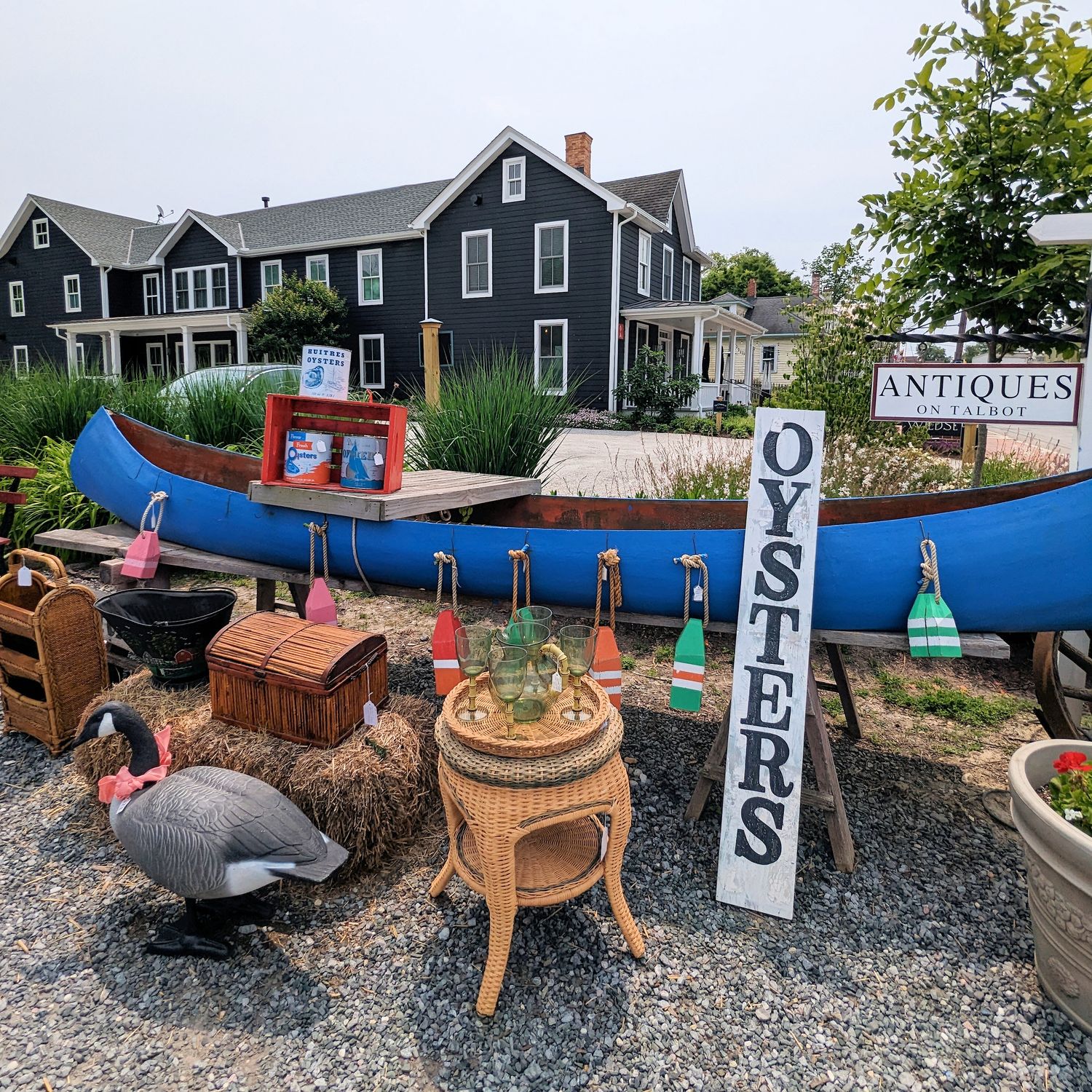 Products for sale in the front of Antiques on Talbot in St. Michaels, Maryland.