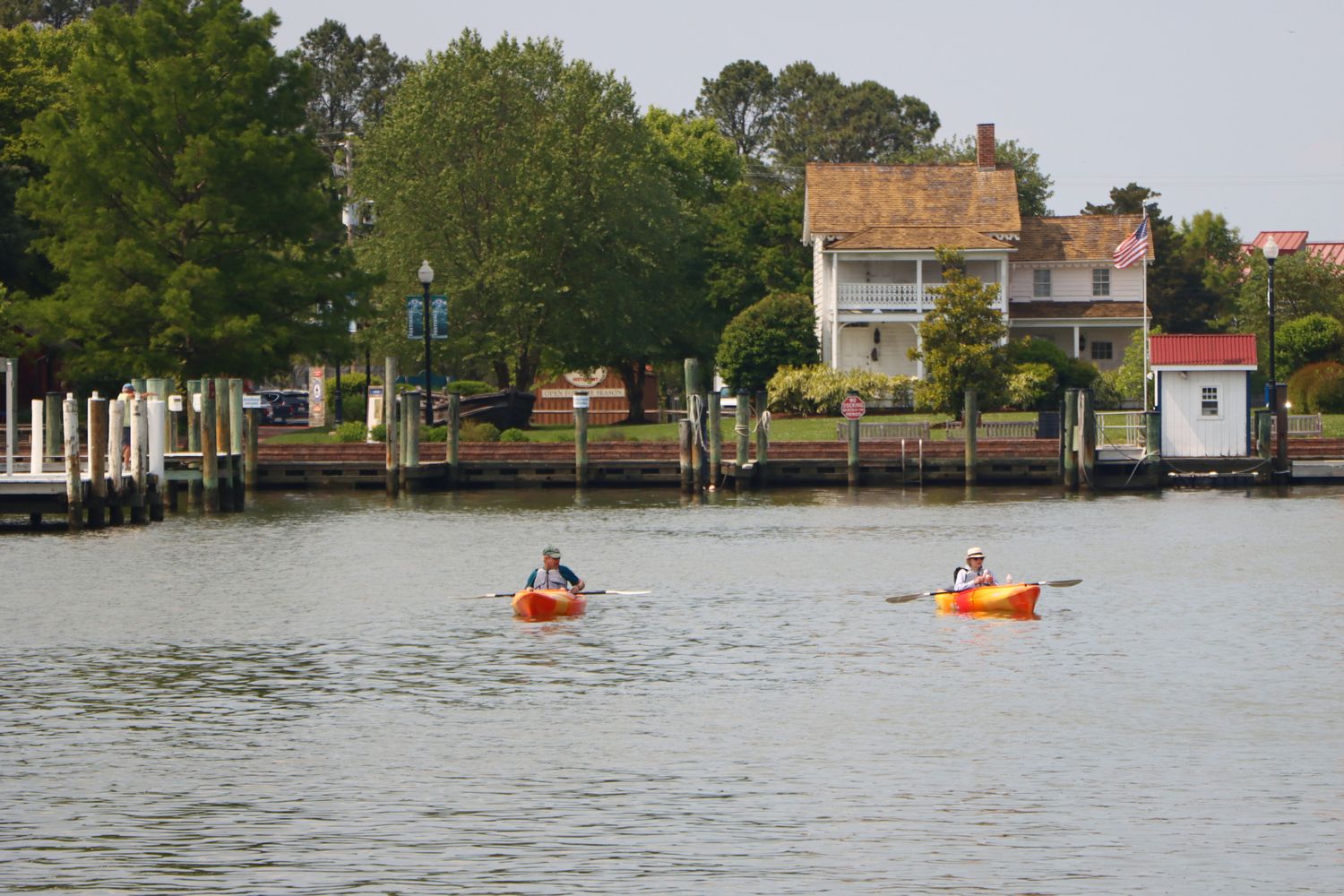2 people kayaking at the marina in St. Michaels, MD