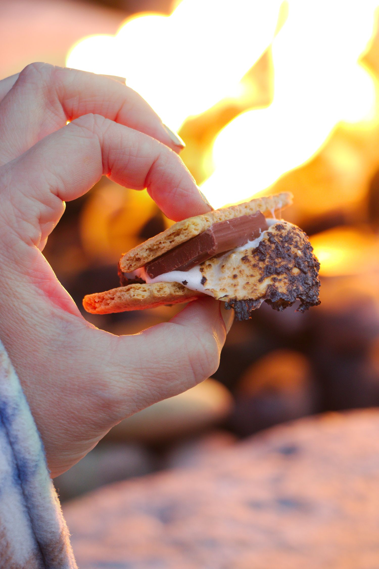 A hand holding s'mores in front of the firepit at The Wildset Hotel